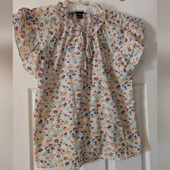 Rain Floral Ruffle Cap Sleeve Tie-Neck Blouse - Picture 3 of 7